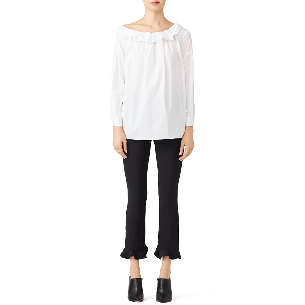 JIL SANDER Ruffle Collar Top Women 4 White Cotton Long Sleeve IT 34 Blouse Shirt